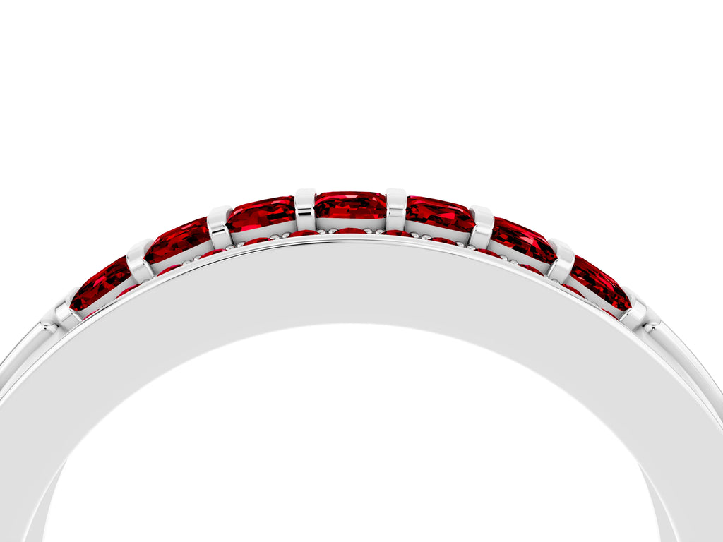 Princess Cut Ruby Bar-Set Pavé Band in Platinum with Grooved Edge Detailing