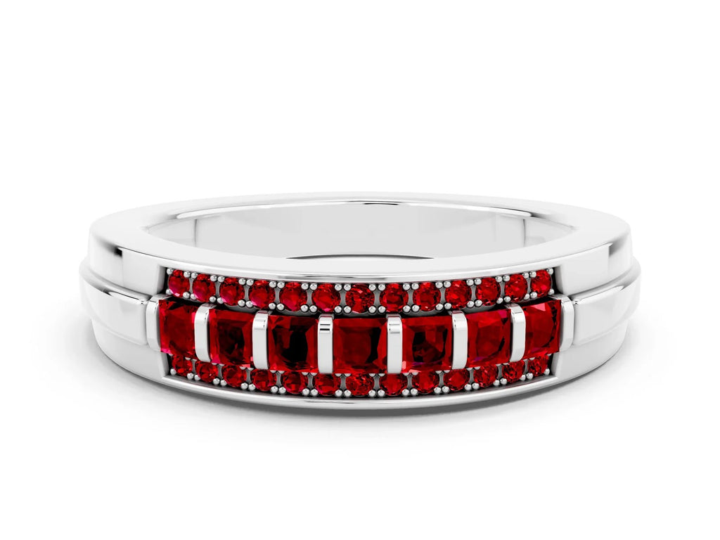 Princess Cut Ruby Bar-Set Pavé Band in White gold with Grooved Edge Detailing 