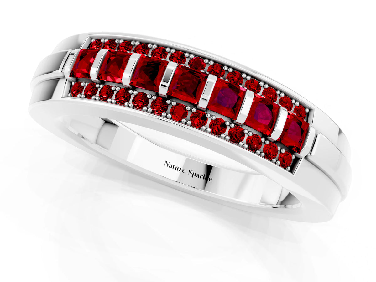 Princess Cut Ruby Bar-Set Pavé Band in White gold with Grooved Edge Detailing