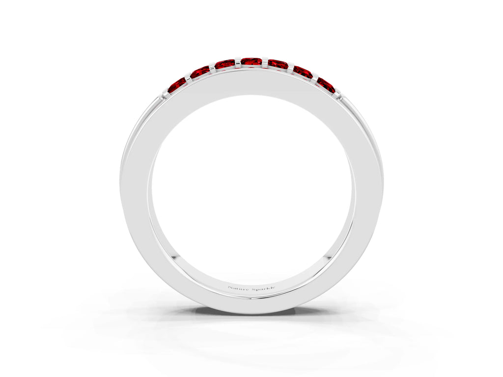 Princess Cut Ruby Bar-Set Pavé Band in White gold with Grooved Edge Detailing