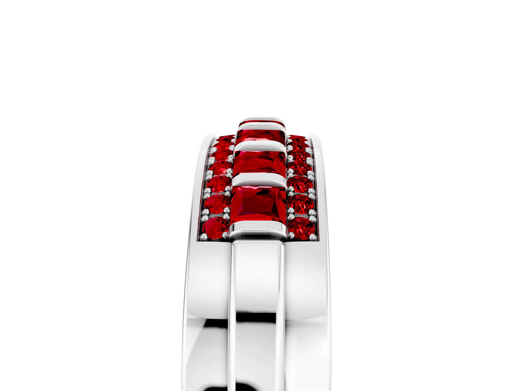 Princess Cut Ruby Bar-Set Pavé Band in White gold with Grooved Edge Detailing