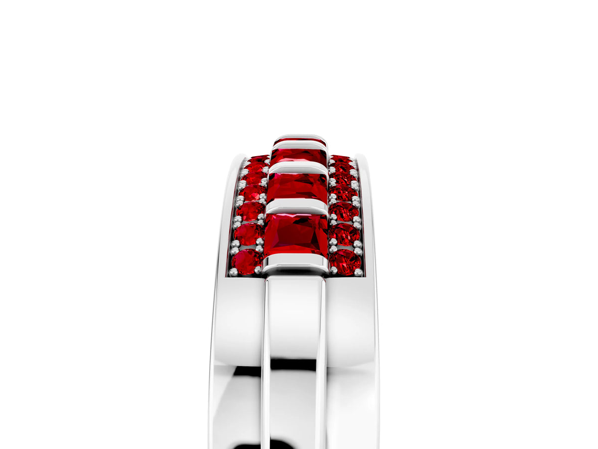 Princess Cut Ruby Bar-Set Pavé Band in White gold with Grooved Edge Detailing