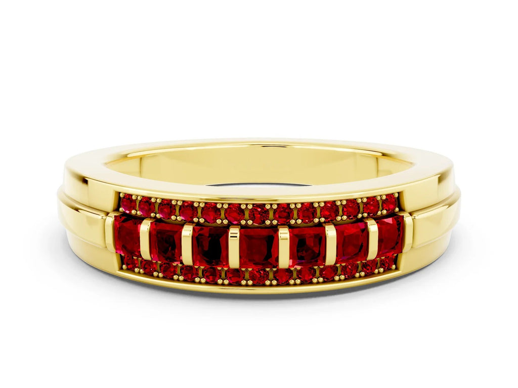 Princess Cut Ruby Bar-Set Pavé Band in Yellow gold with Grooved Edge Detailing 