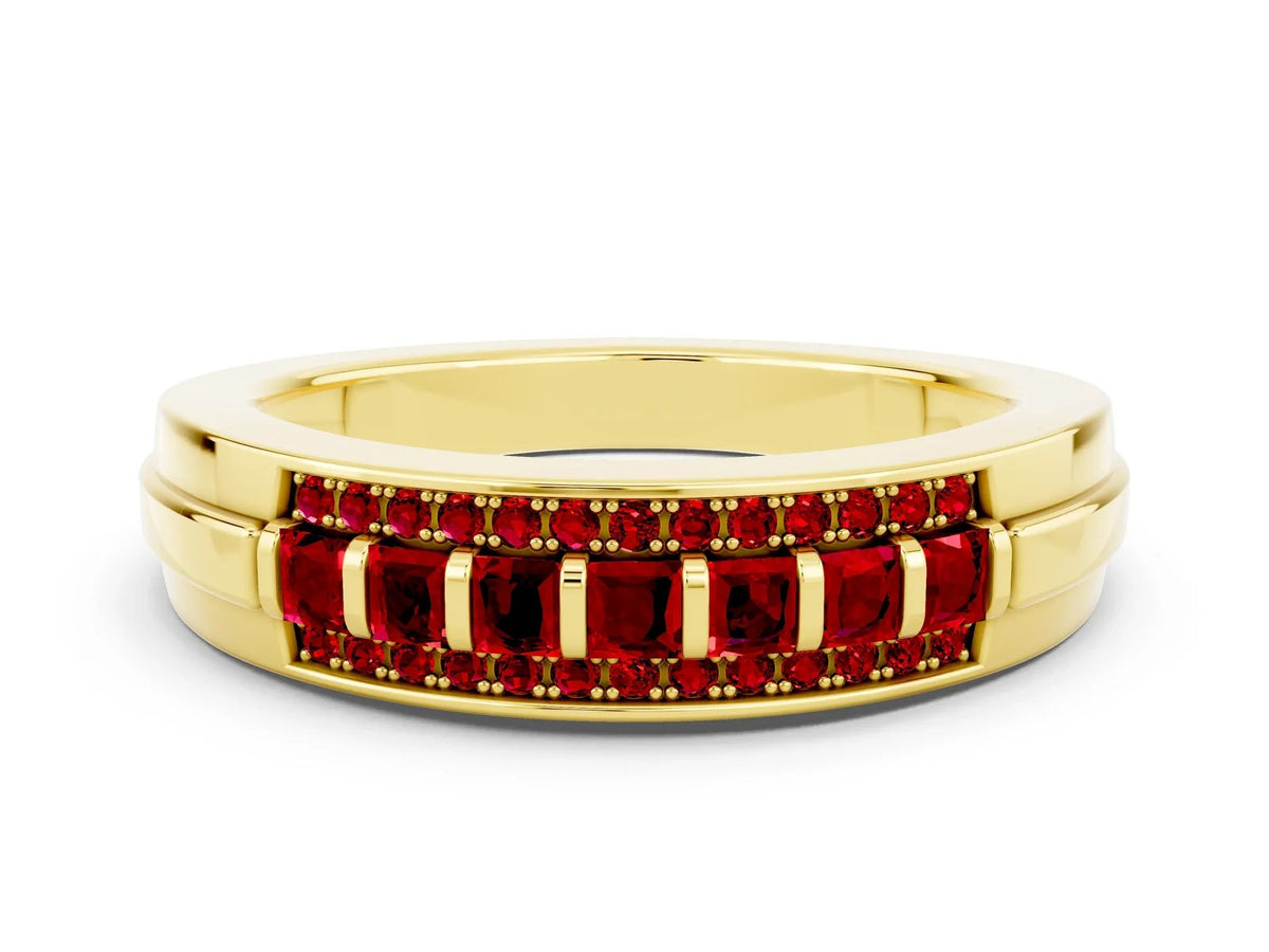 Princess Cut Ruby Bar-Set Pavé Band in Yellow gold with Grooved Edge Detailing 