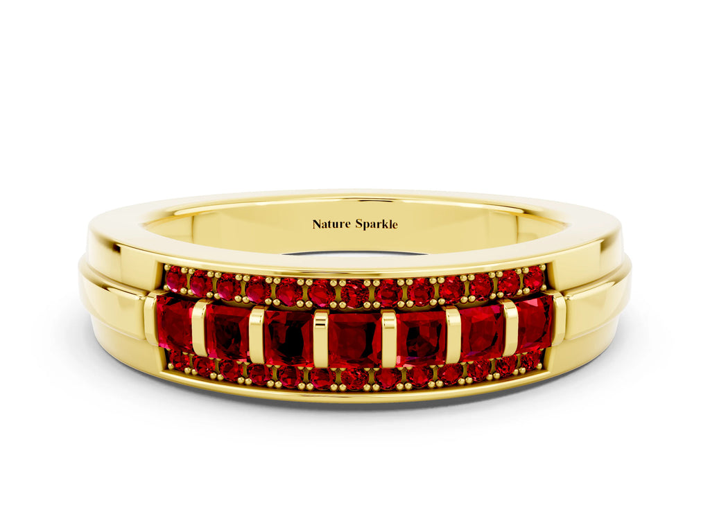 Princess Cut Ruby Bar-Set Pavé Band in Yellow gold with Grooved Edge Detailing