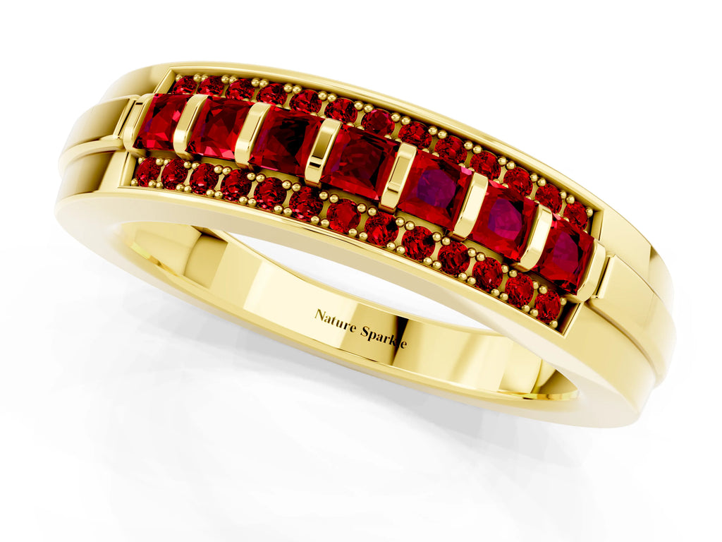 Princess Cut Ruby Bar-Set Pavé Band in Yellow gold with Grooved Edge Detailing
