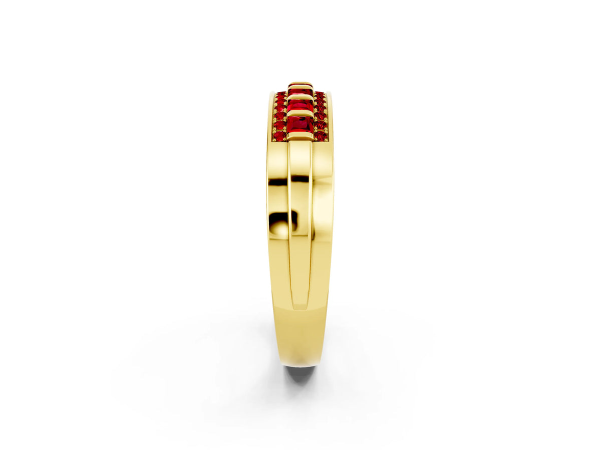 Princess Cut Ruby Bar-Set Pavé Band in Yellow gold with Grooved Edge Detailing