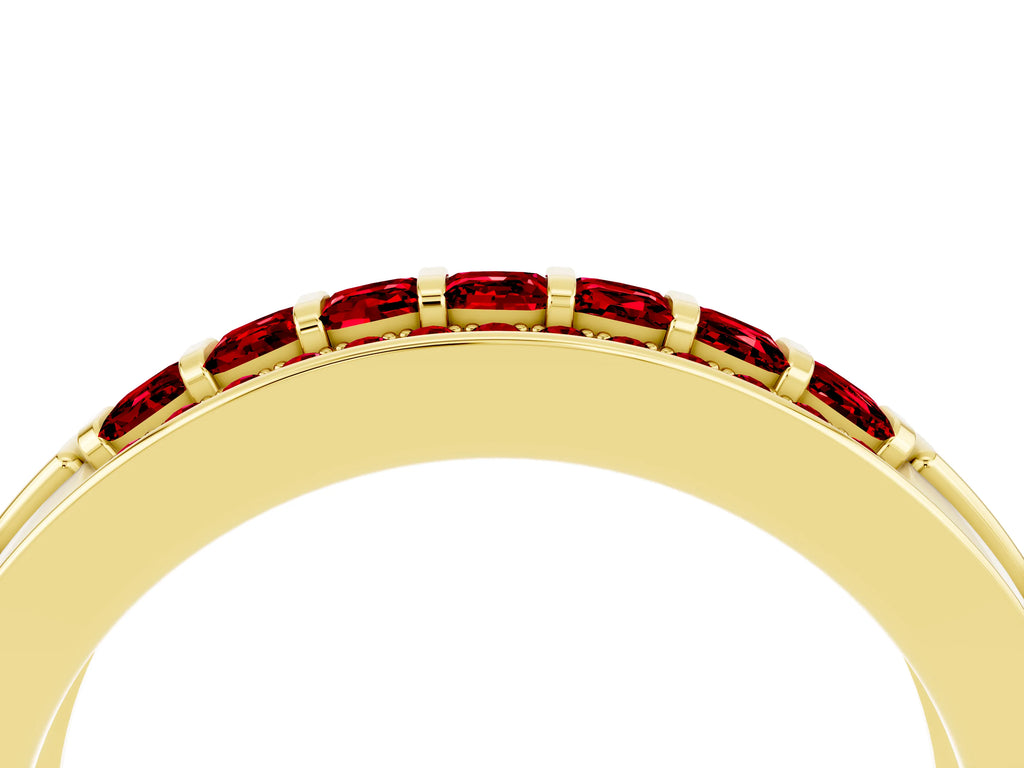 Princess Cut Ruby Bar-Set Pavé Band in Yellow gold with Grooved Edge Detailing