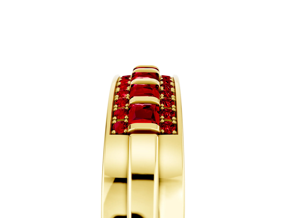 Princess Cut Ruby Bar-Set Pavé Band in Yellow gold with Grooved Edge Detailing