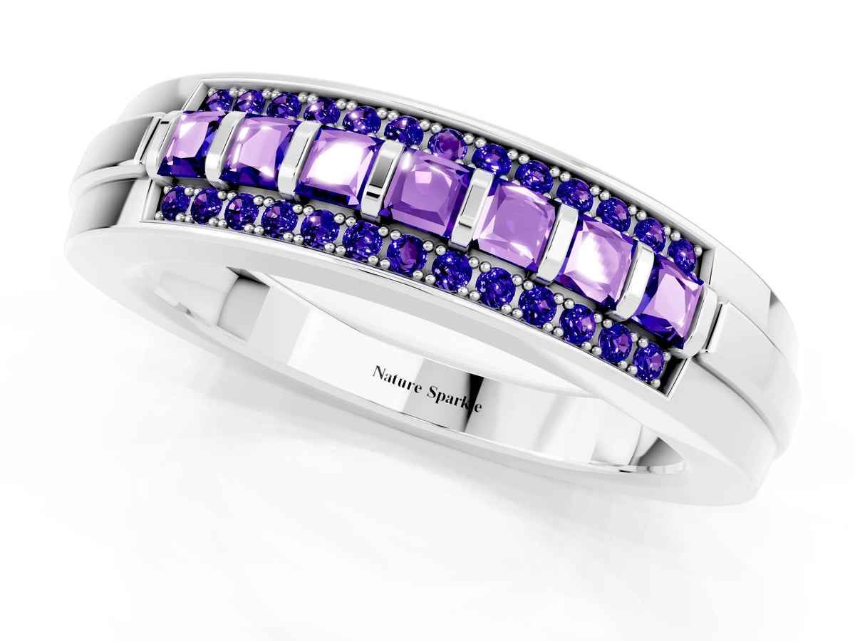 Princess Cut Tanzanite Bar-Set Pavé Band in Platinum with Grooved Edge Detailing