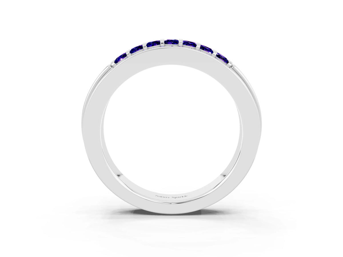 Princess Cut Tanzanite Bar-Set Pavé Band in Platinum with Grooved Edge Detailing