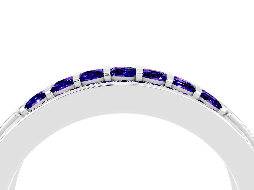 Princess Cut Tanzanite Bar-Set Pavé Band in Platinum with Grooved Edge Detailing