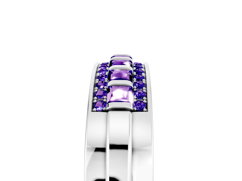 Princess Cut Tanzanite Bar-Set Pavé Band in Platinum with Grooved Edge Detailing
