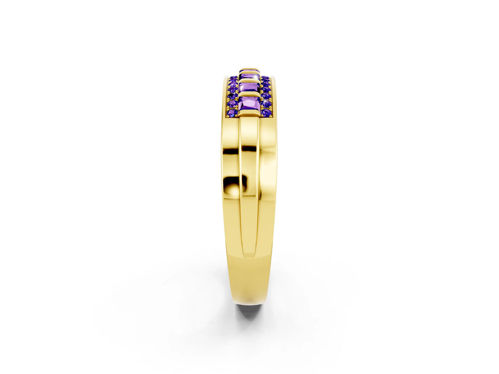 Princess Cut Tanzanite Bar-Set Pavé Band in Yellow gold with Grooved Edge Detailing