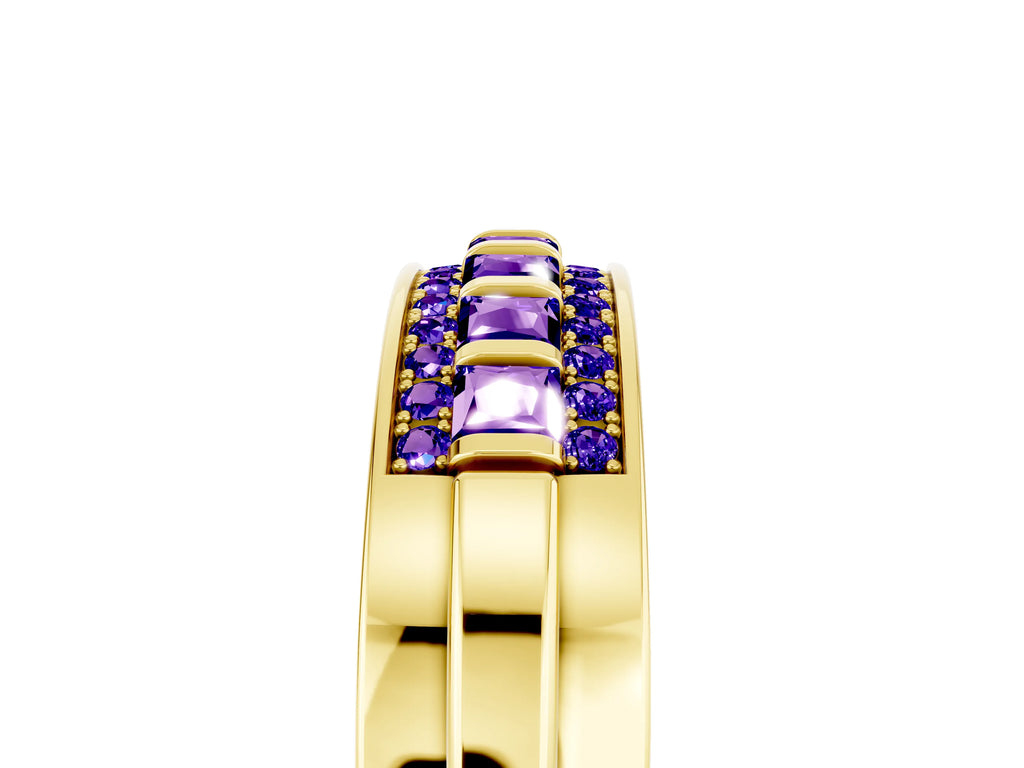 Princess Cut Tanzanite Bar-Set Pavé Band in Yellow gold with Grooved Edge Detailing