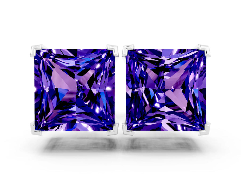 Princess Cut Tanzanite Stud Earrings in White gold with Basket Setting