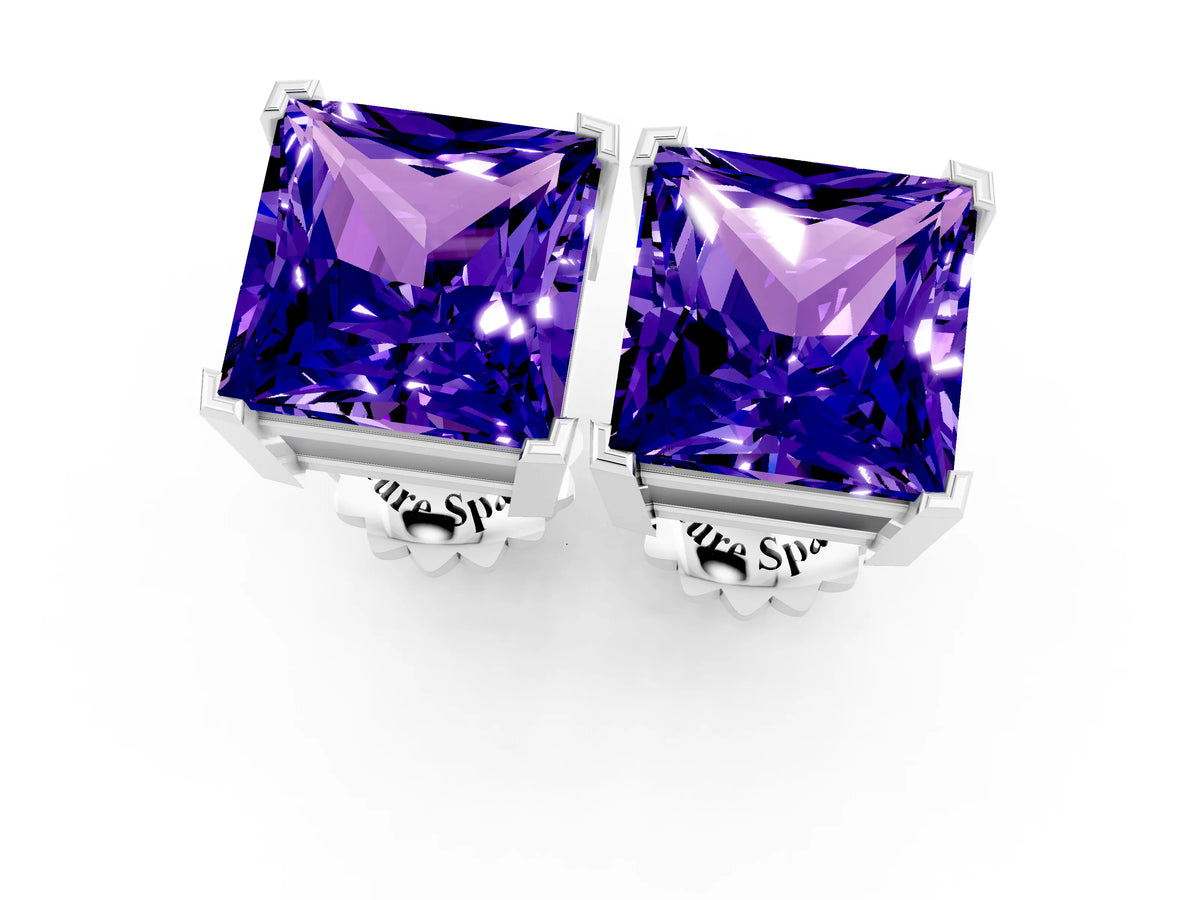Princess Cut Tanzanite Stud Earrings in White gold with Basket Setting