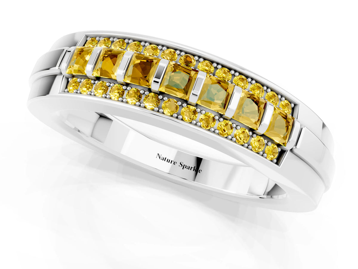 Princess Cut Yellow Sapphire Bar-Set Pavé Band in White gold with Grooved Edge Detailing