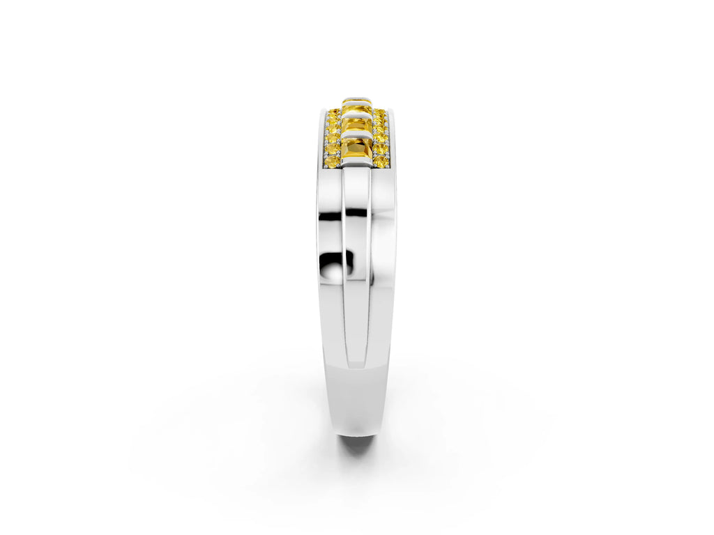 Princess Cut Yellow Sapphire Bar-Set Pavé Band in White gold with Grooved Edge Detailing
