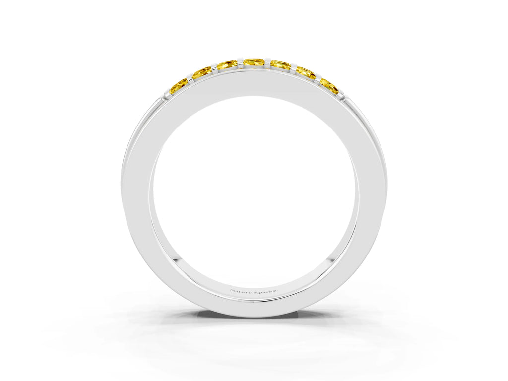 Princess Cut Yellow Sapphire Bar-Set Pavé Band in White gold with Grooved Edge Detailing