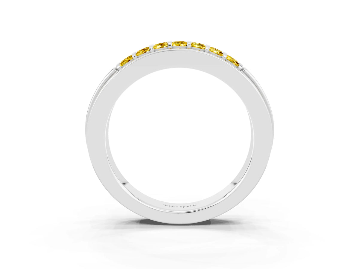 Princess Cut Yellow Sapphire Bar-Set Pavé Band in White gold with Grooved Edge Detailing