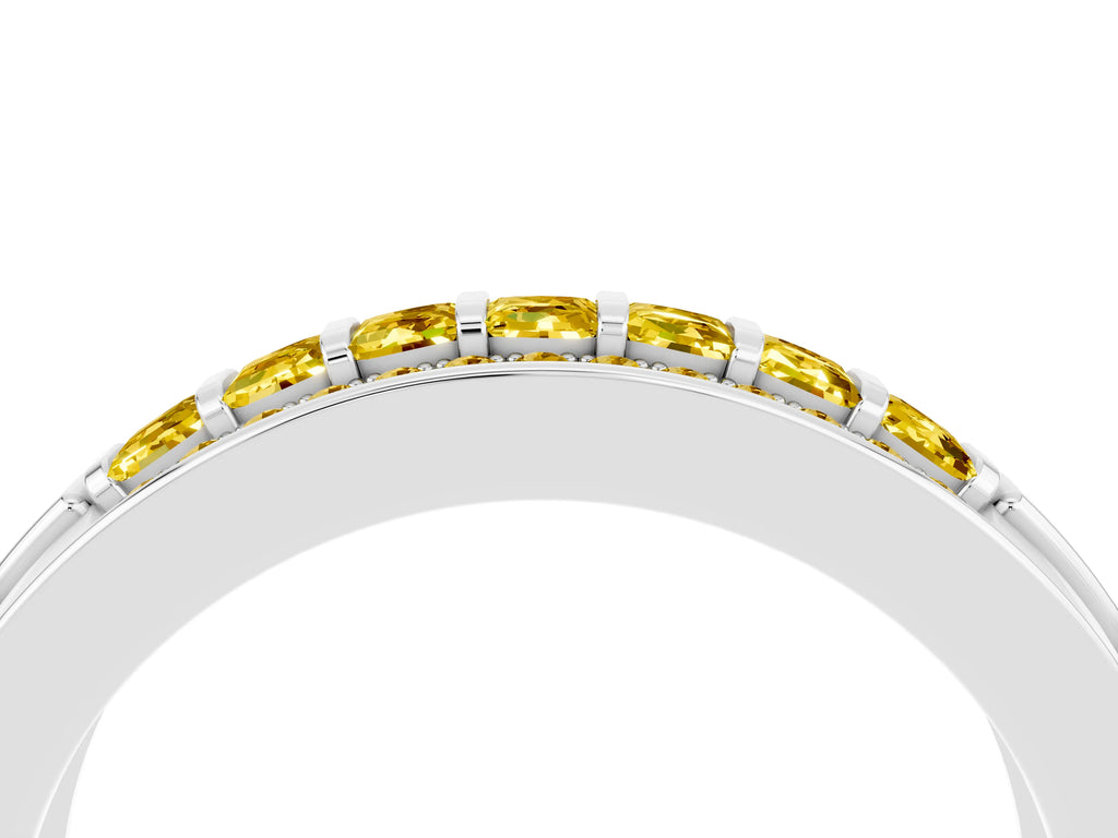 Princess Cut Yellow Sapphire Bar-Set Pavé Band in White gold with Grooved Edge Detailing