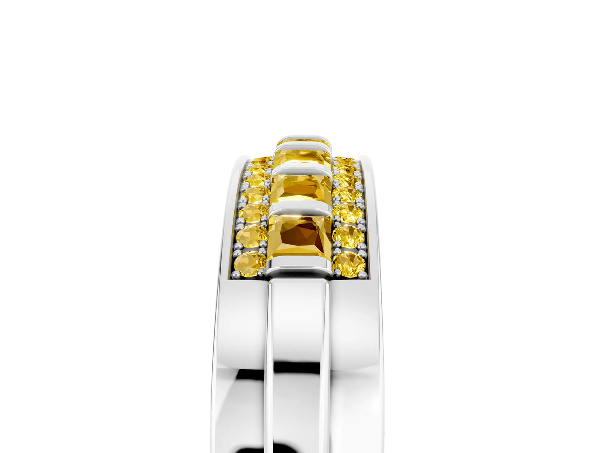 Princess Cut Yellow Sapphire Bar-Set Pavé Band in White gold with Grooved Edge Detailing
