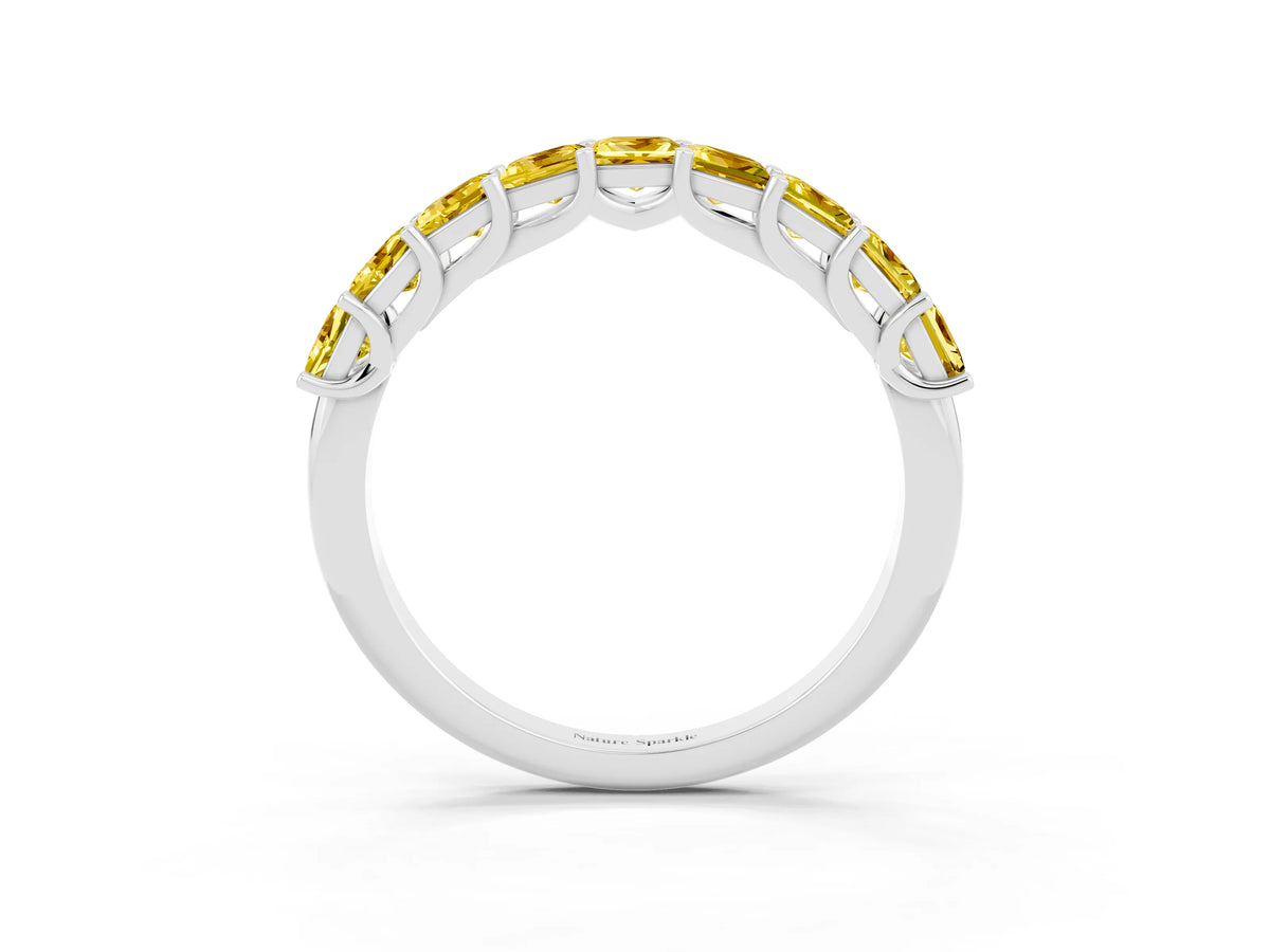 Princess Cut Yellow Sapphire Eternity Band in Platinum with Channel Setting and Prong Detail