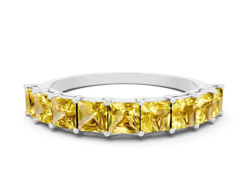 Princess Cut Yellow Sapphire Eternity Band in Silver with Channel Setting and Prong Detail 