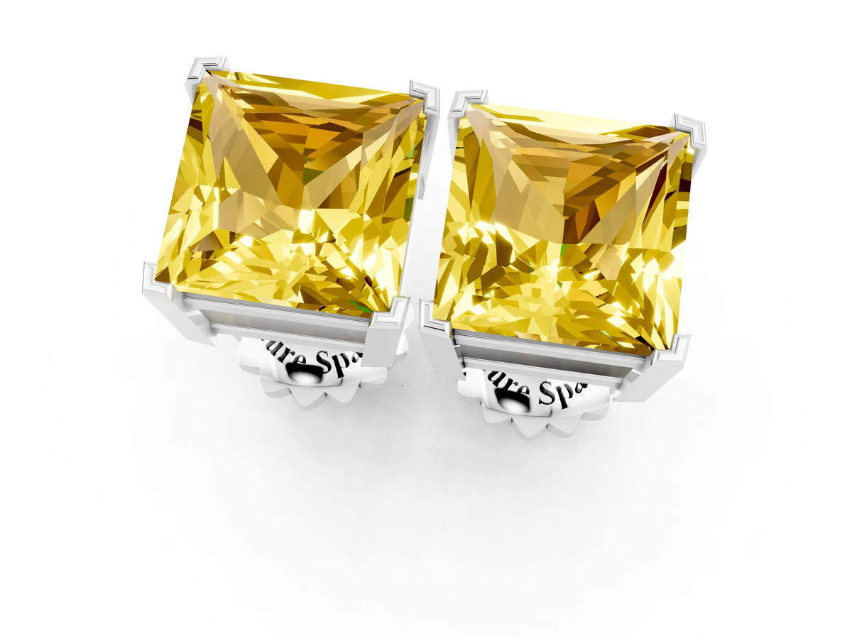 Princess Cut Yellow Sapphire Stud Earrings in Platinum with Basket Setting