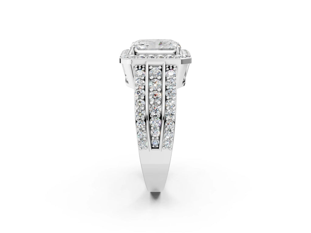 Radiant Cut Diamond Halo Engagement Ring in Platinum with Triple-Row Round Band