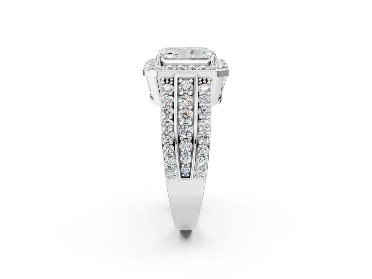 Radiant Cut Diamond Halo Engagement Ring in Platinum with Triple-Row Round Band