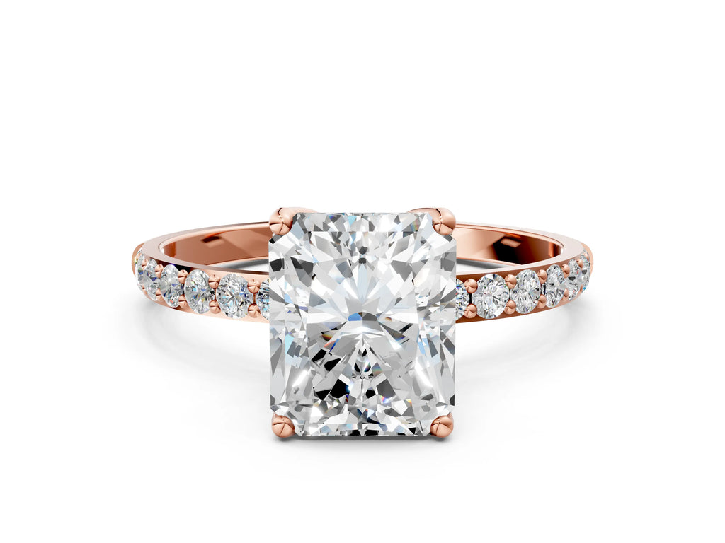 Radiant Cut Diamond Solitaire Ring in Rose gold with Round Shared Prong Pavé Band