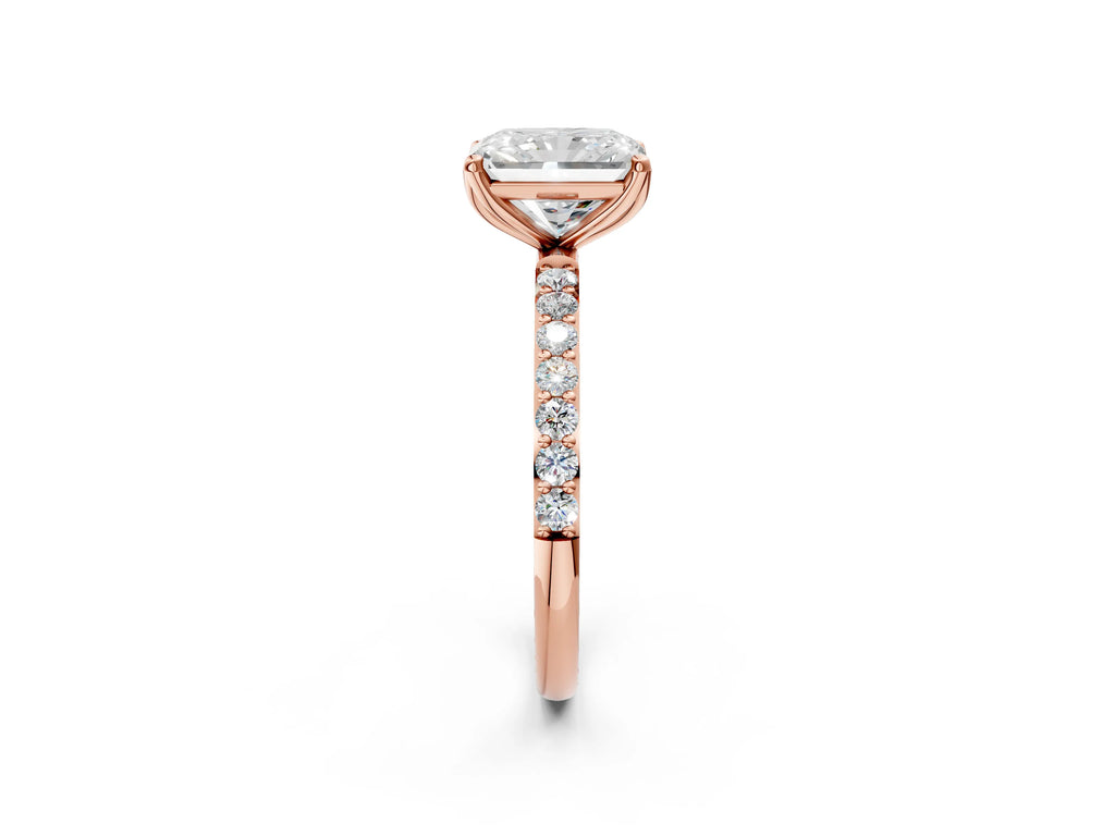 Radiant Cut Diamond Solitaire Ring in Rose gold with Round Shared Prong Pavé Band