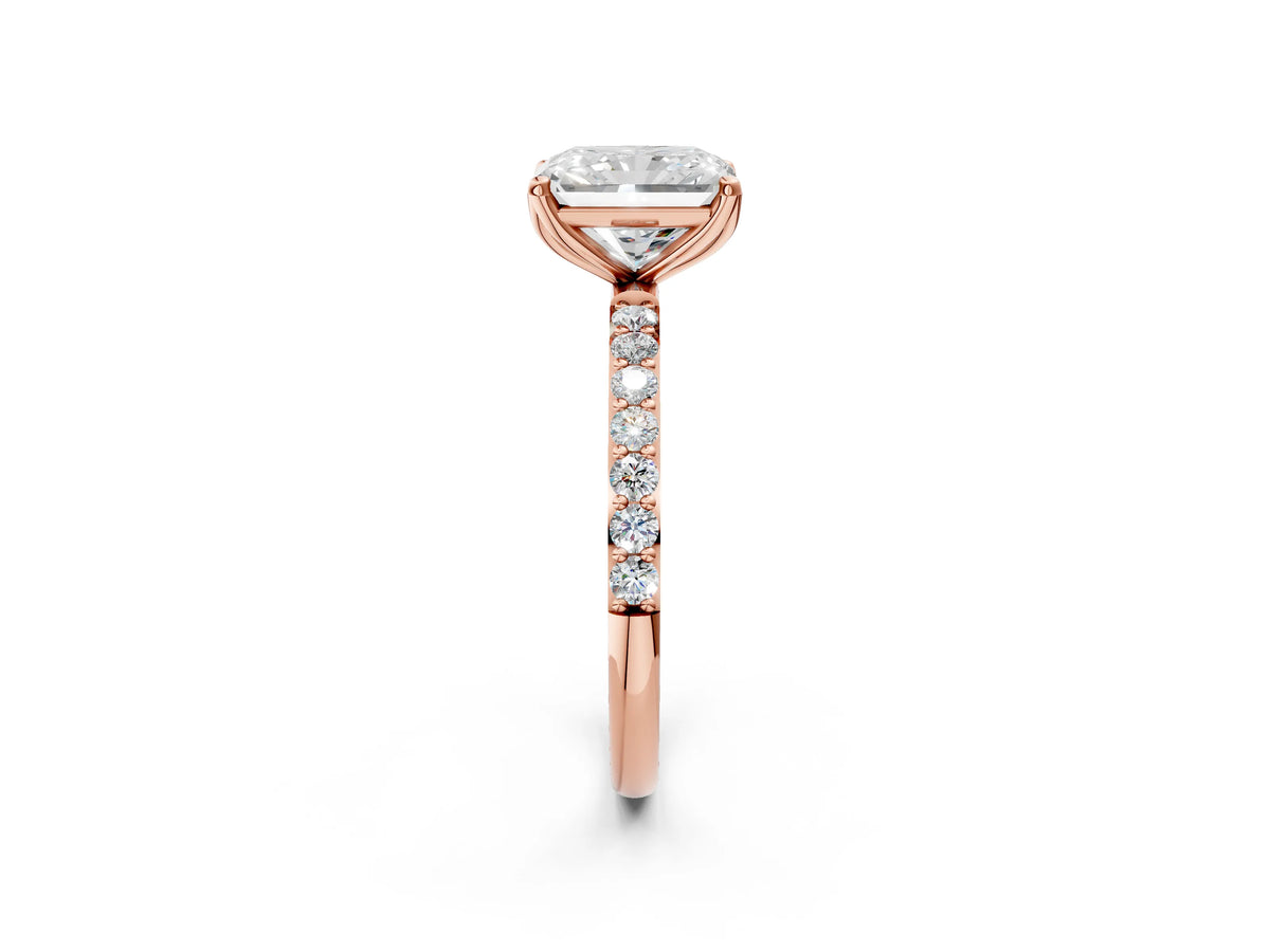 Radiant Cut Diamond Solitaire Ring in Rose gold with Round Shared Prong Pavé Band