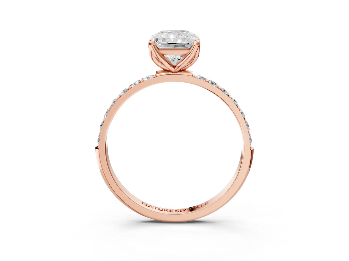 Radiant Cut Diamond Solitaire Ring in Rose gold with Round Shared Prong Pavé Band