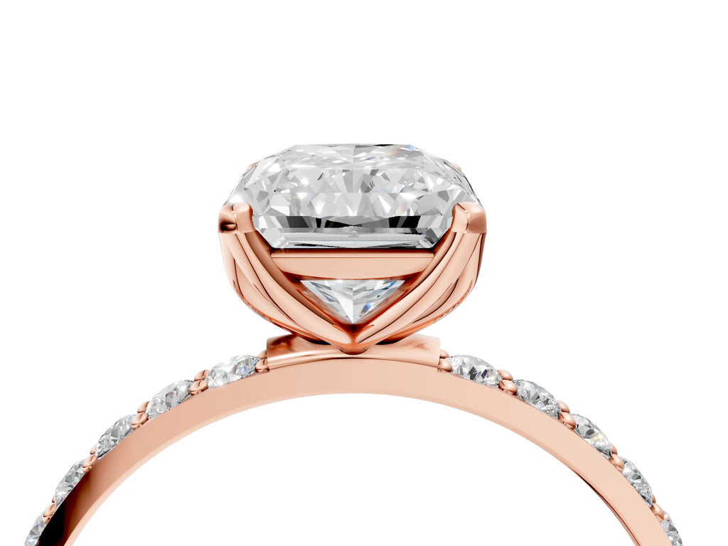 Radiant Cut Diamond Solitaire Ring in Rose gold with Round Shared Prong Pavé Band