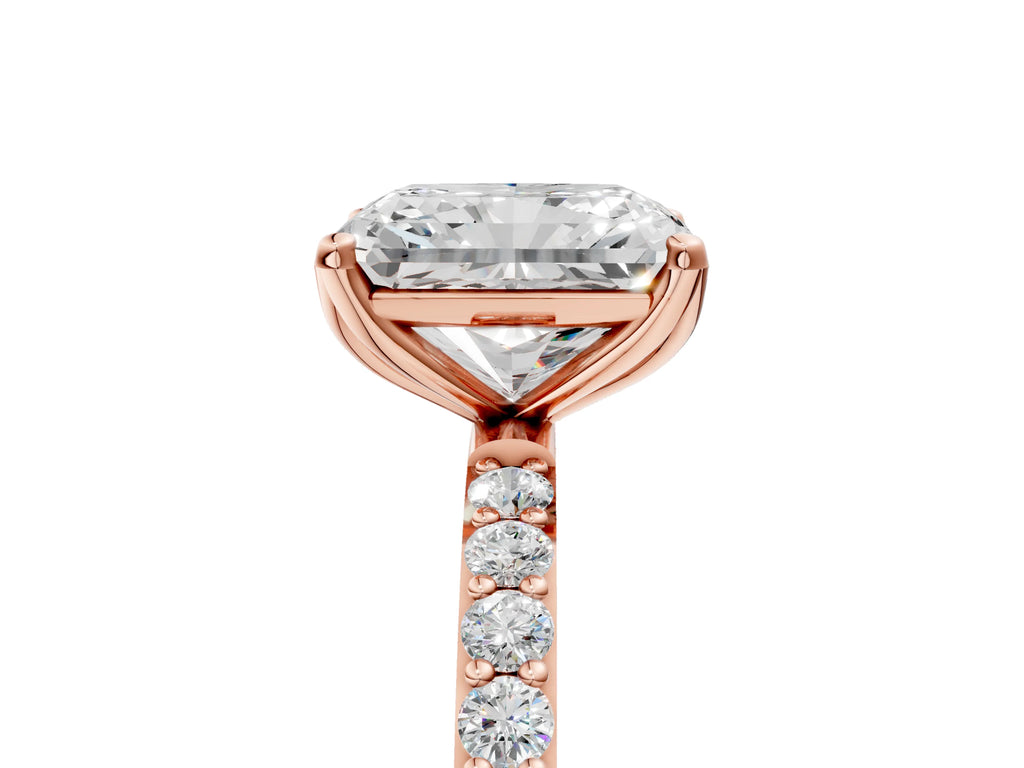 Radiant Cut Diamond Solitaire Ring in Rose gold with Round Shared Prong Pavé Band