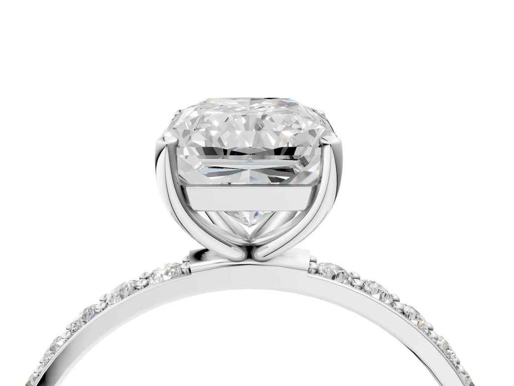 Radiant Cut Diamond Solitaire Ring in White gold with Round Pavé Band