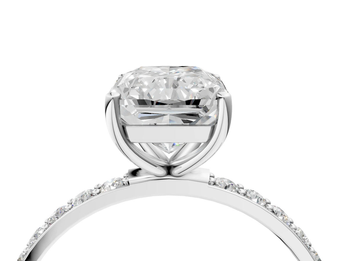 Radiant Cut Diamond Solitaire Ring in White gold with Round Pavé Band