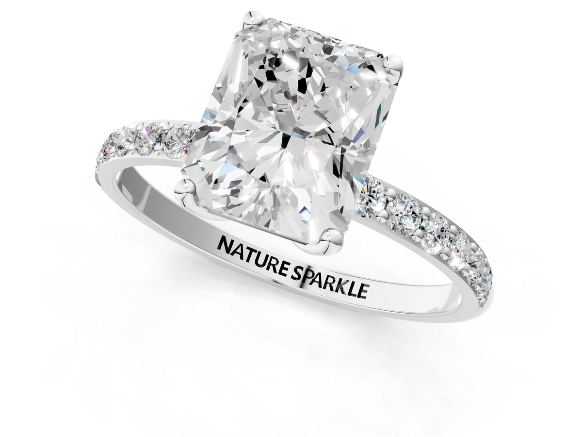 Radiant Cut Diamond Solitaire Ring in Platinum with Round Shared Prong Pavé Band