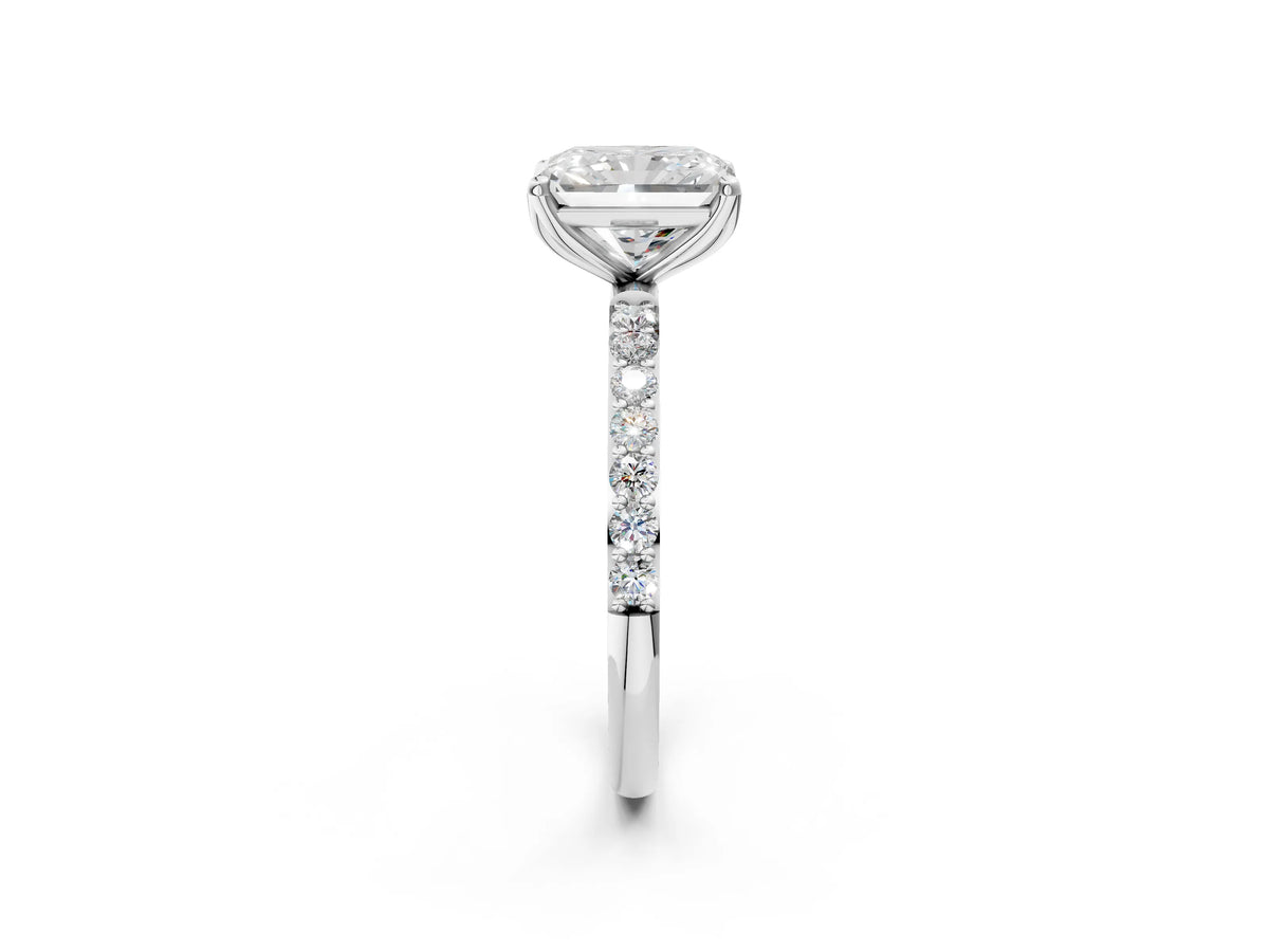Radiant Cut Diamond Solitaire Ring in Silver with Round Shared Prong Pavé Band