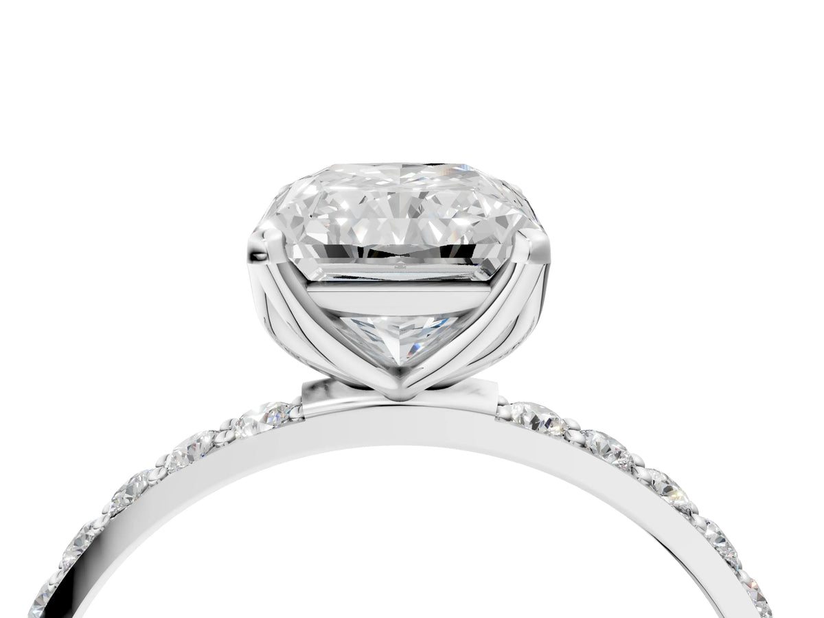 Radiant Cut Diamond Solitaire Ring in White gold with Round Shared Prong Pavé Band