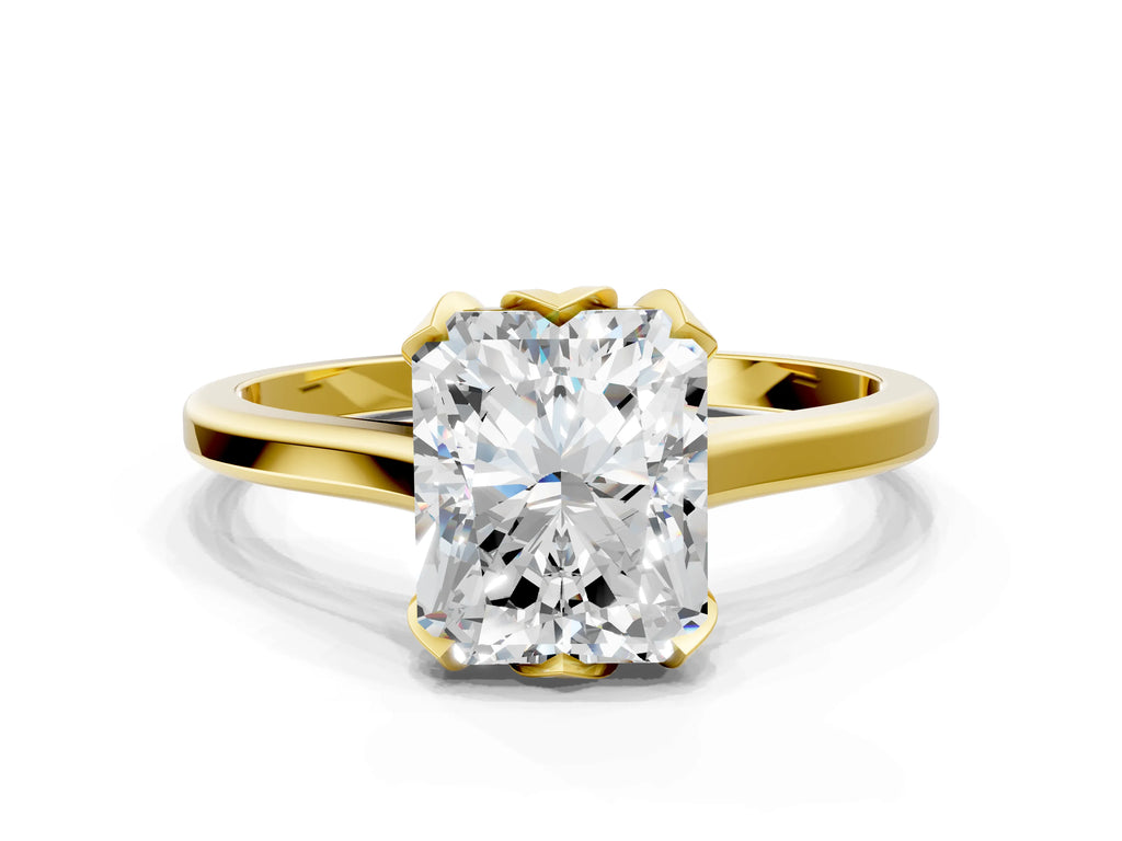 Radiant Cut Diamond Solitaire Ring in Yellow gold with Flower Prong Setting