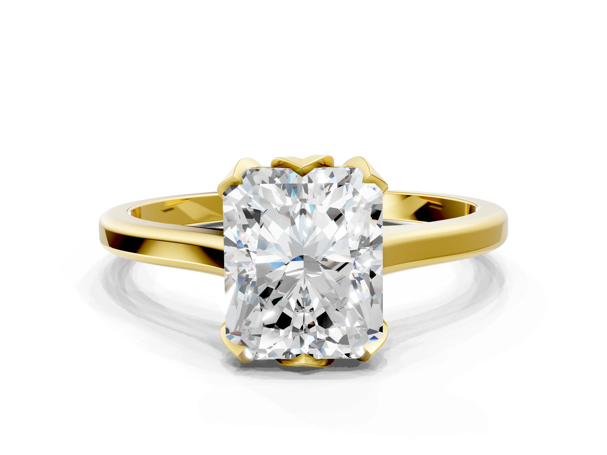 Radiant Cut Diamond Solitaire Ring in Yellow gold with Flower Prong Setting