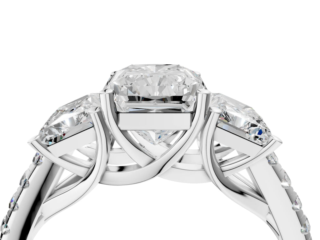 Radiant Cut Diamond Trellis Three-Stone Engagement Ring in White gold with Round Side Stones