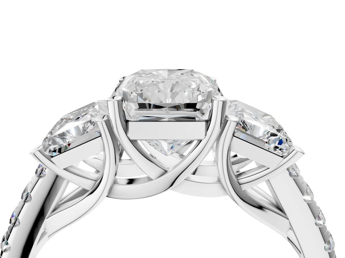 Radiant Cut Diamond Trellis Three-Stone Engagement Ring in White gold with Round Side Stones