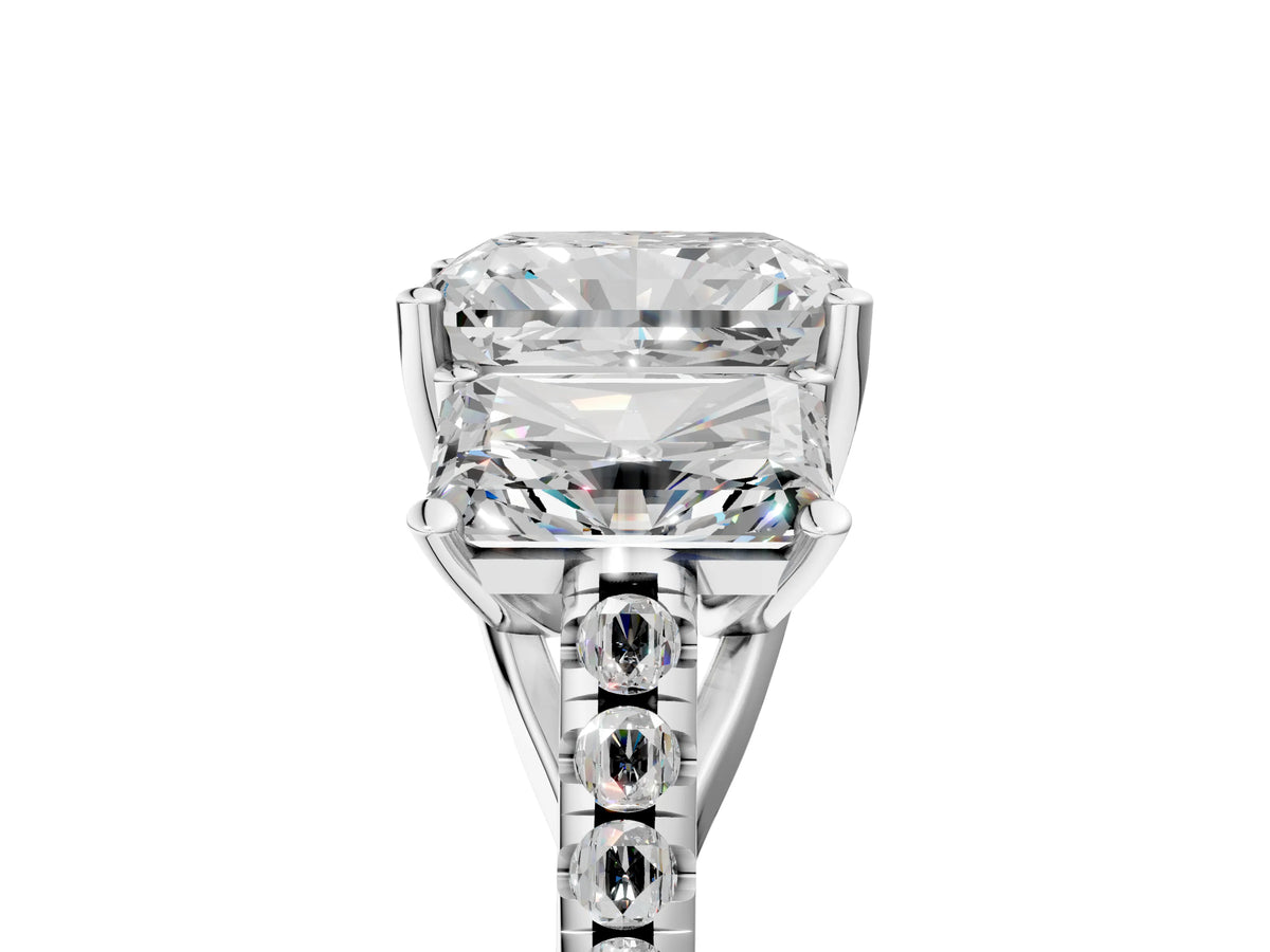 Radiant Cut Diamond Trellis Three-Stone Engagement Ring in White gold with Round Side Stones