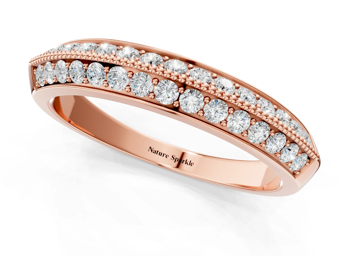 Rose gold Double Row Pavé Round Diamond White Gold Band with Shared Prong Setting