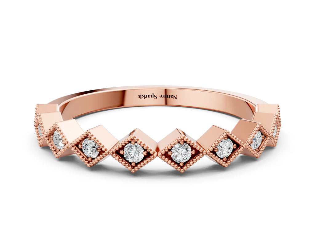 Rose gold Milgrain Diamond Geometric Stackable Band with Round Cut Stones and Bezel Setting